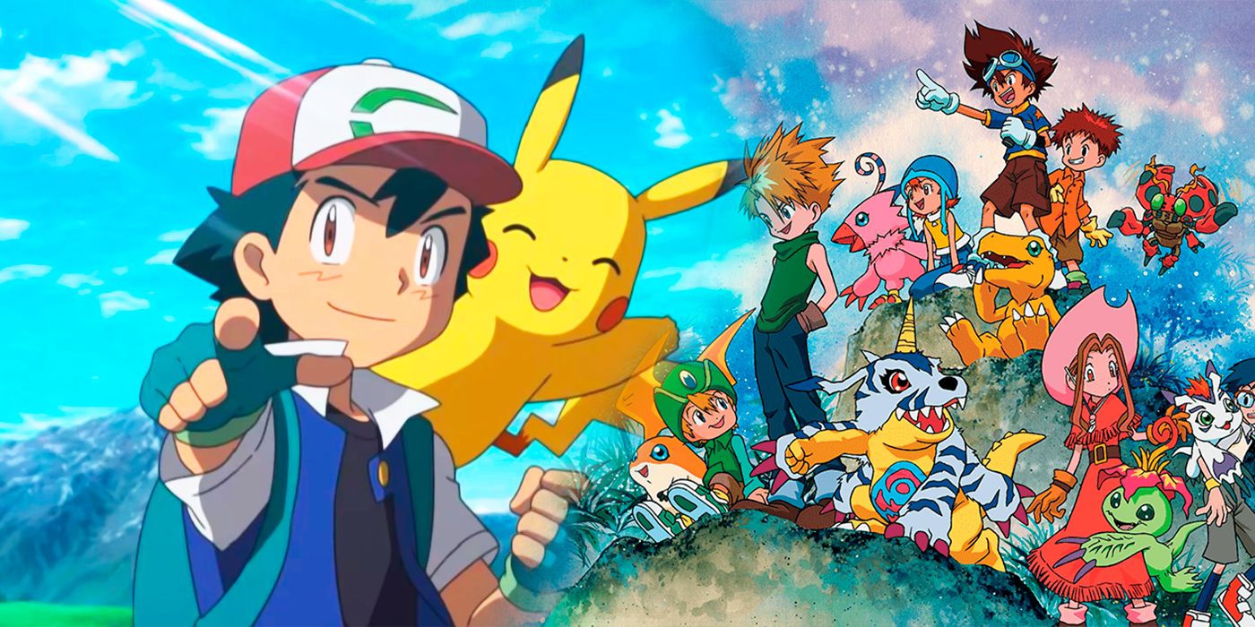 Ash and Pikachu across from the DigiDestined of Digimon Adventure 01