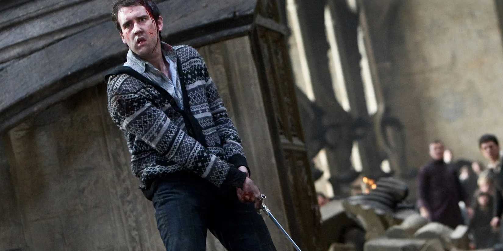Neville Longbottom wields the Sword of Gryffindor in Harry Potter.