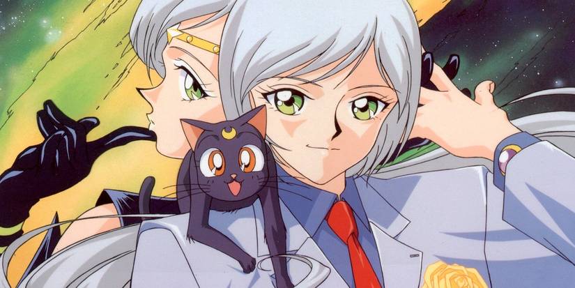Sailor Moon's Yaten Kou with her Sailor Star Healer form in the background and Luna resting on her shoulder.