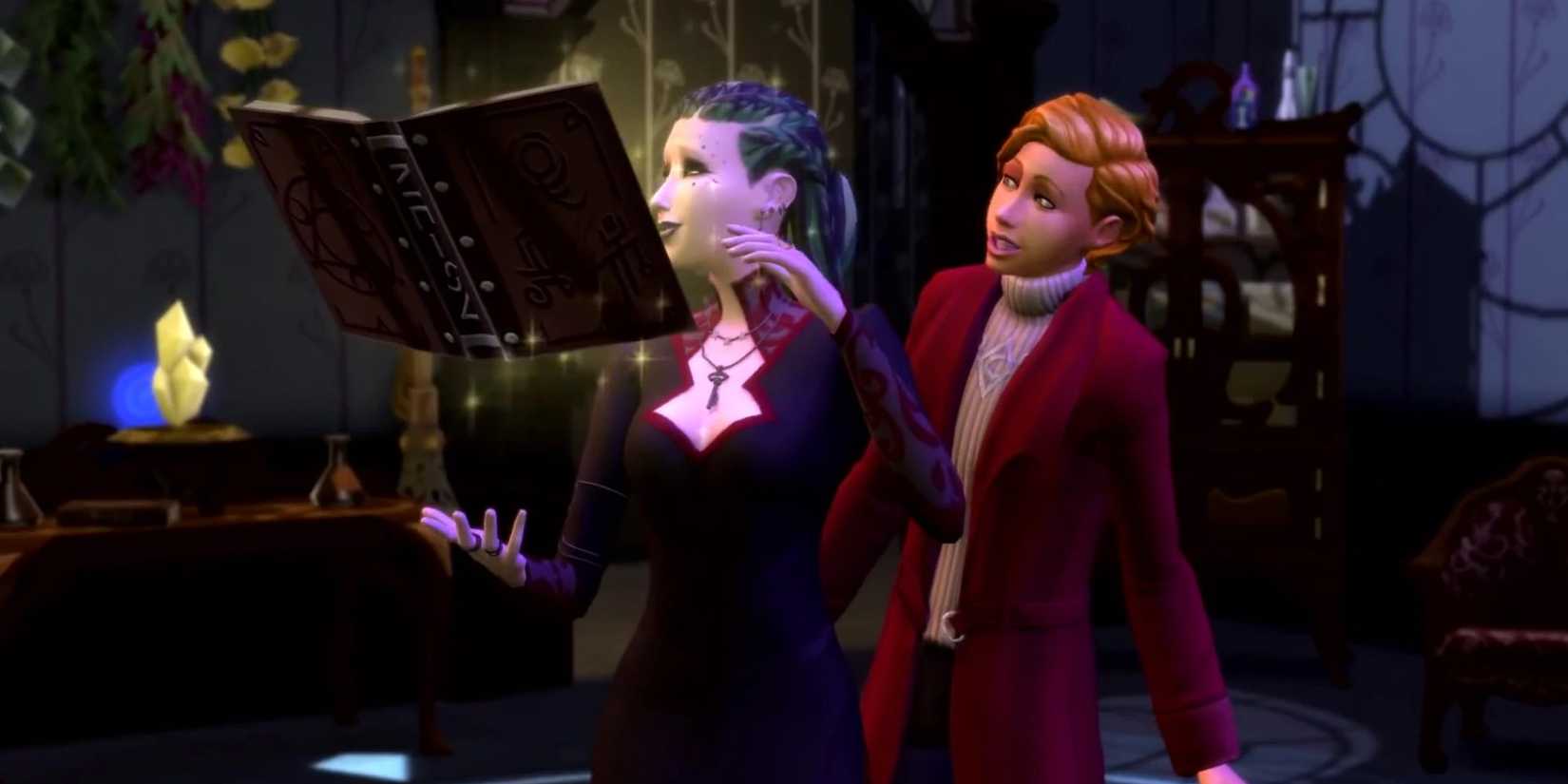 Dua perapal mantra di The Sims 4 menyaksikan sebuah buku melayang.