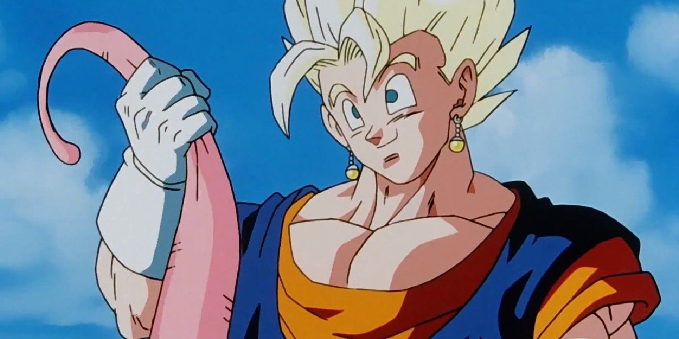 Super Saiyan Vegito taunts Super Buu in Dragon Ball Z.