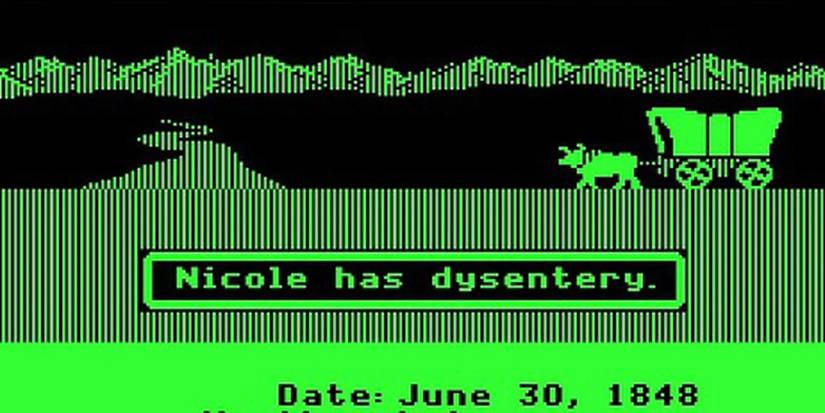 Nicole has dysentery in Oregon Trail on a two-color display.