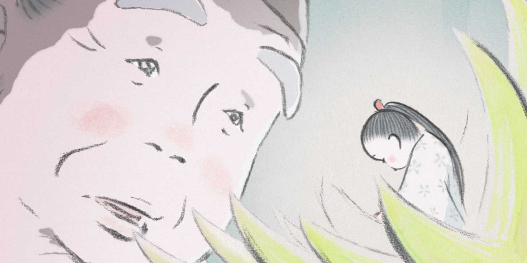 Miyatsuko looking down at Kaguya in a bamboo shoot in The Tale of the Princess Kaguya.