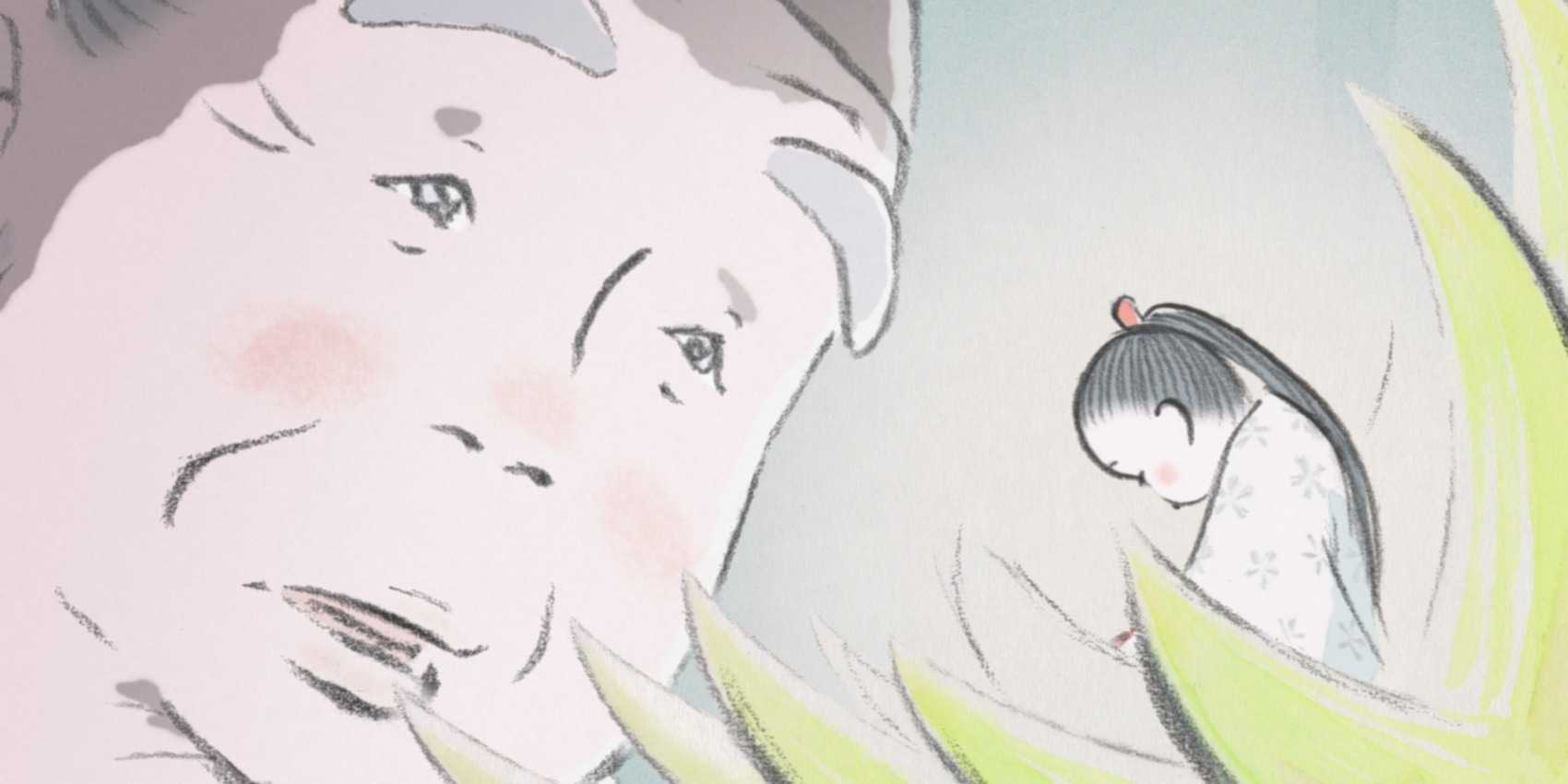 Miyatsuko looking down at Kaguya in a bamboo shoot in The Tale of the Princess Kaguya.
