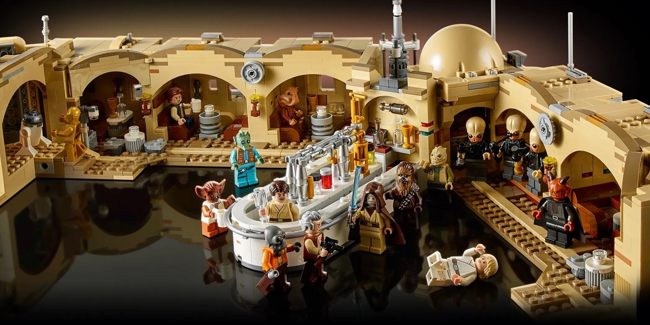 A scene from Mos Eisley Cantina with Luke being attacked, recreated in Lego