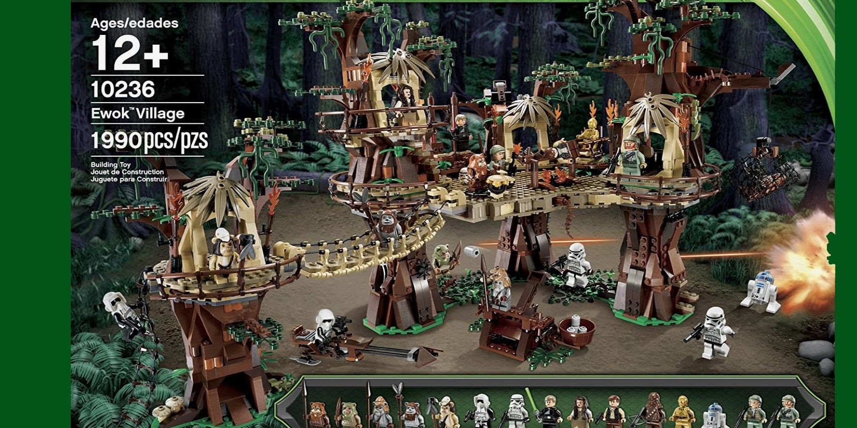 Lego Ewok Village box, lots of treehouses, han and leia and luke, threepio