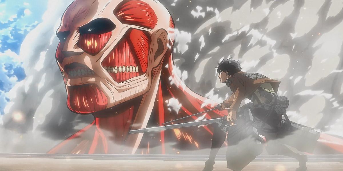 Eren staring down the Colossal Titan with swords drawn in the Attack On Titan anime
