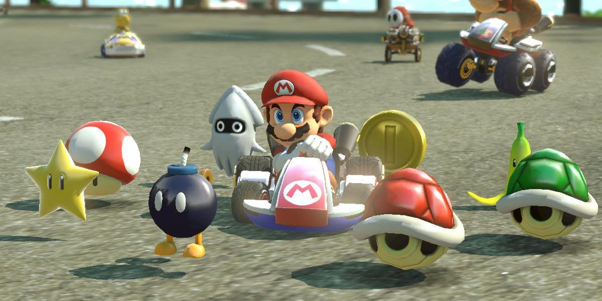 Mario activating the Crazy 8 item in Mario Kart 8 Deluxe