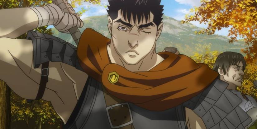 Guts prepares his sword in the fall in Berserk.