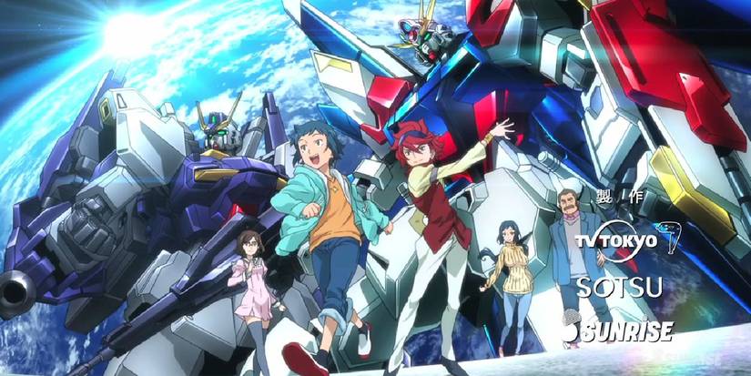 Sei walks ahead of Reiji, China, Rinko, and Ramba Ral while two massive Gundam models rise in the background in Gundam Build Fighters