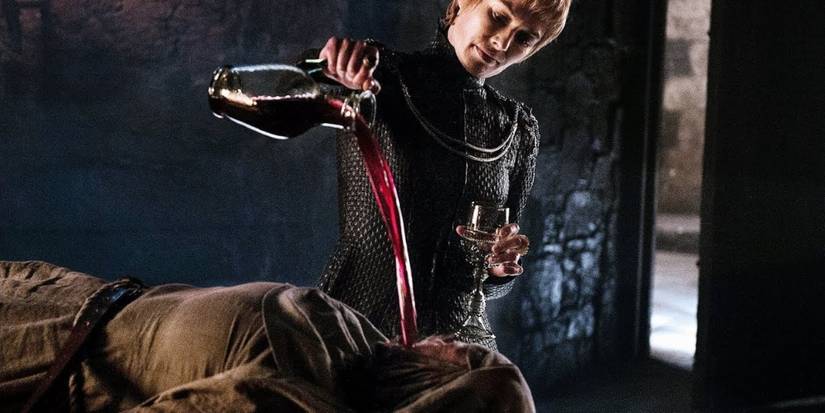 Cersei Lannister is waterboarding Septa Unella with wine in Game of Thrones