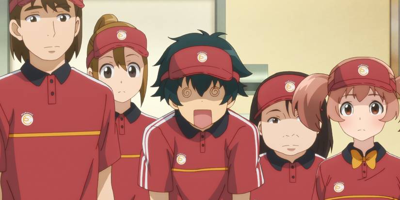 Sadaou Maou looks stunned while Chiho Sasaki and the other employees look unimpressed at work in The Devil is a Part-Timer!