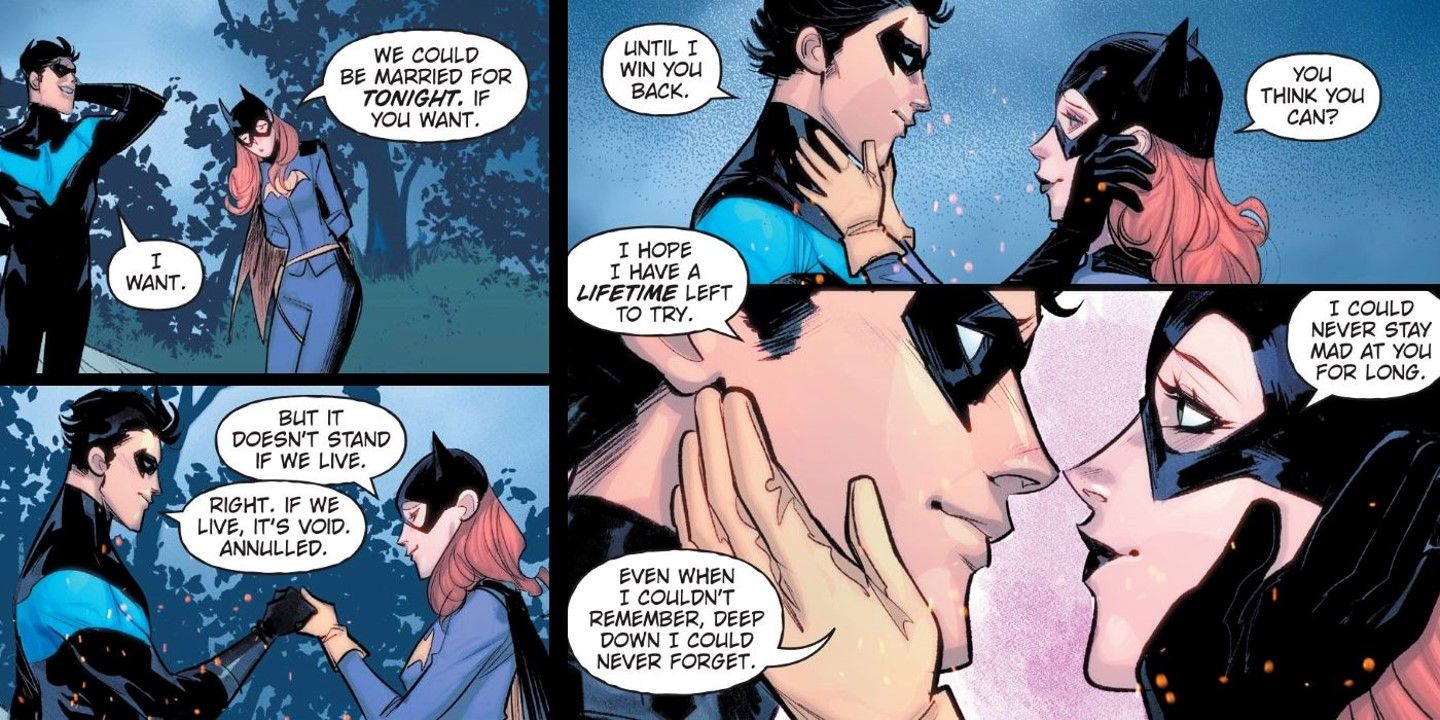 Nightwing and Batgirl share an intimate moment during the Dark Nights: Death Metal event