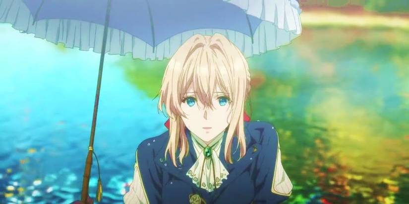 Violet Evergarden stands under a parasol in front of a lake in the anime Violet d'Evergarden