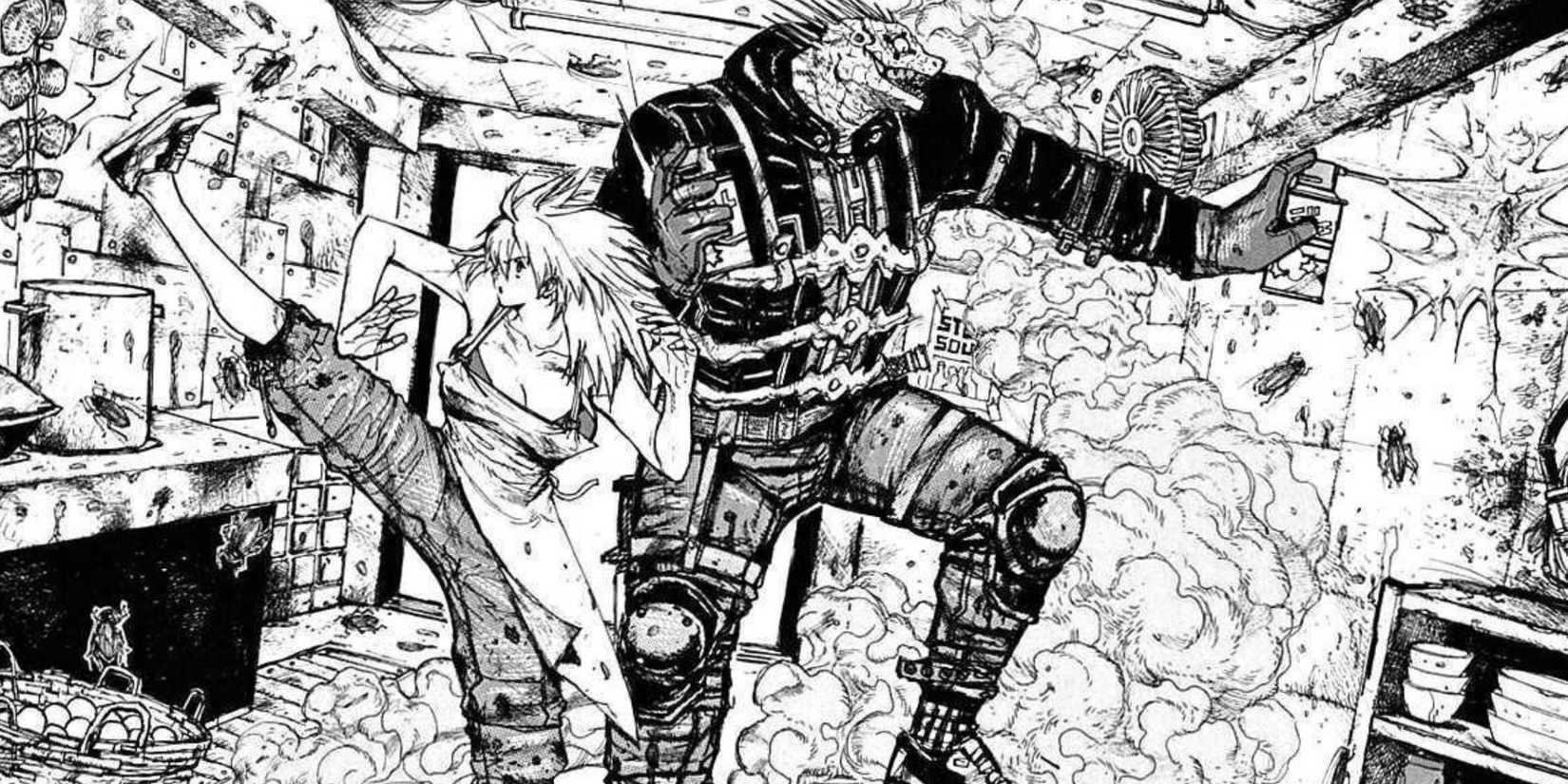 Nikaido and Caiman prepare to fight in Dorohedoro manga.