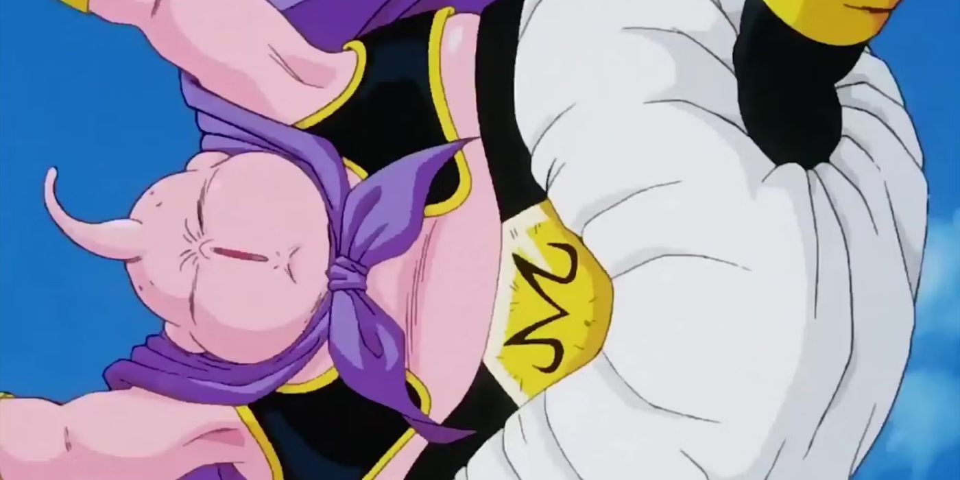 Good Majin Buu playfully jumps through the air in Dragon Ball Z.