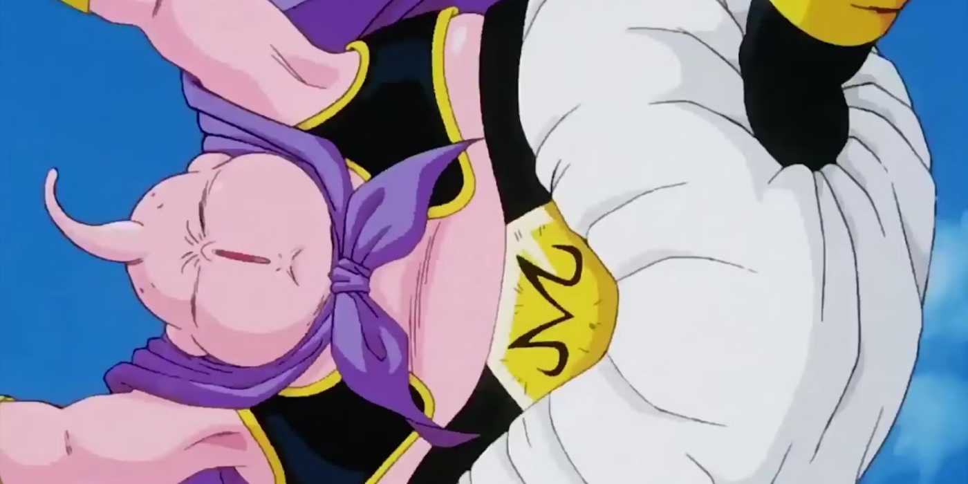 Good Majin Buu playfully jumps through the air in Dragon Ball Z.
