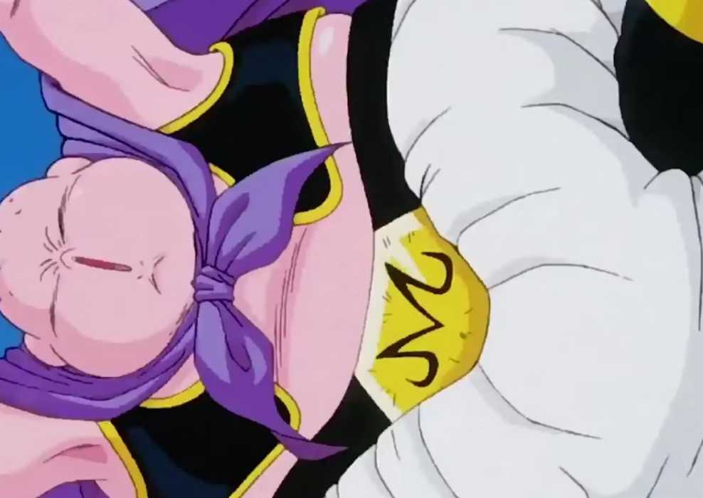 Good Majin Buu playfully jumps through the air in Dragon Ball Z.