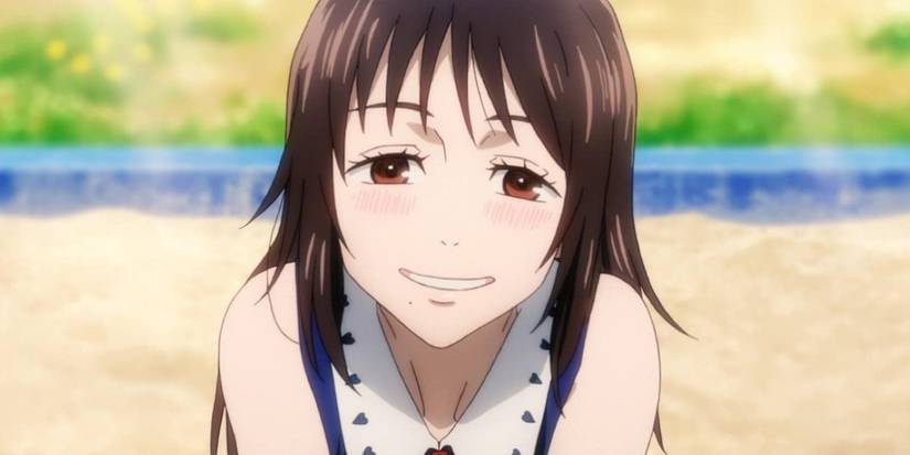 Rika Orimoto blushes while playing in the sandbox with Yuta in Jujutsu Kaisen 0.
