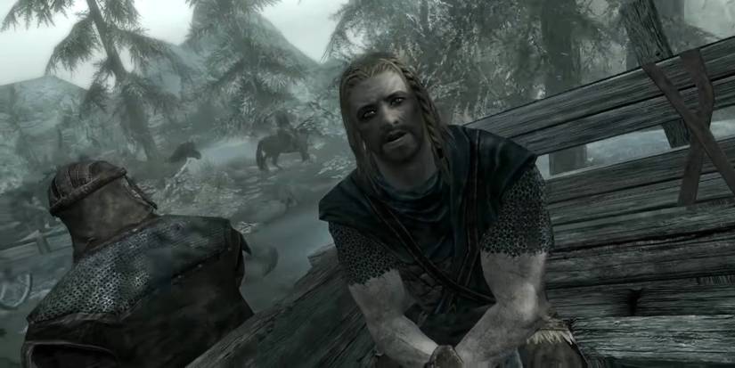 A still from the opening of Skyrim; man talking in the back of a carraige.