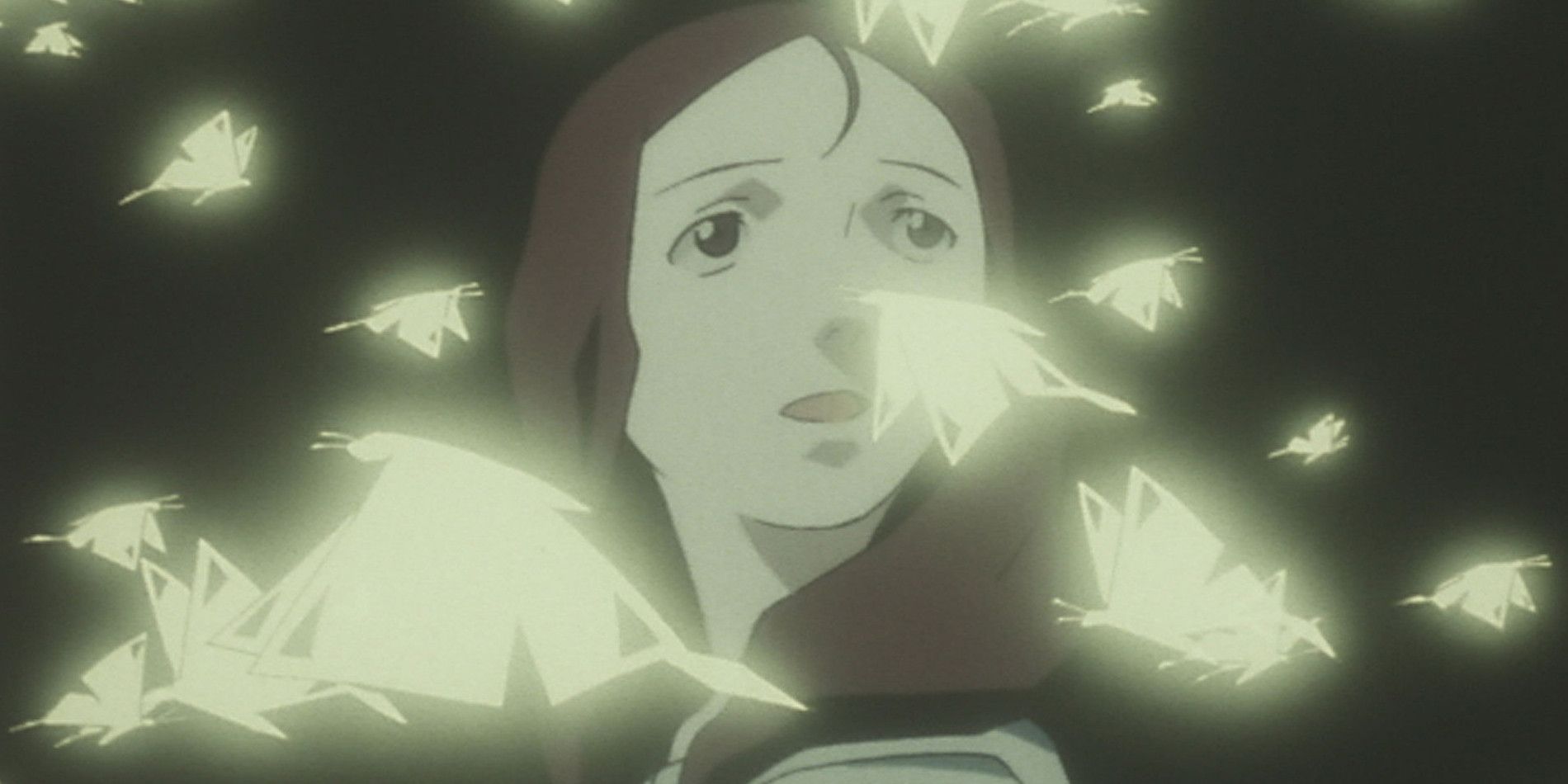 A girl looks around at glowing butterflies in Boogiepop Phantom.