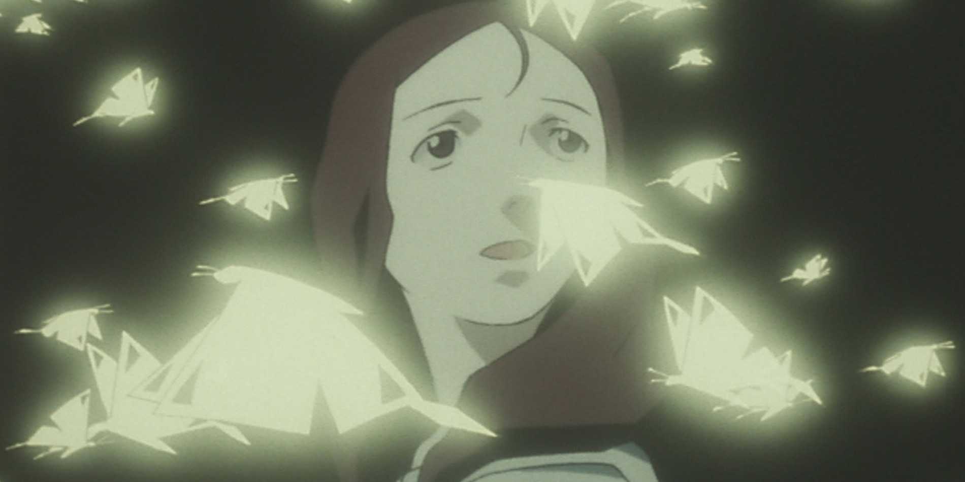 A girl looks around at glowing butterflies in Boogiepop Phantom.