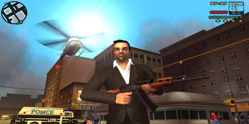 The main character of Grand Theft Auto Liberty City Stories holding a gun.
