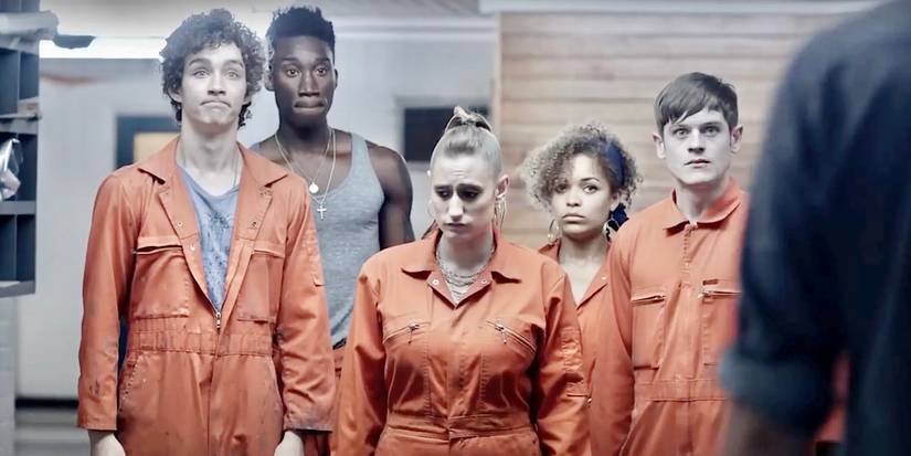 Nathan, Alisha, Kelly, Curtis, and Simon wearing orange jumpsuits in Misfits