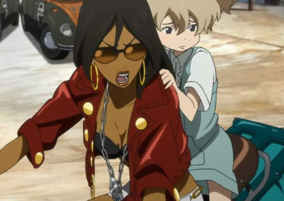 Michiko and Hatchin on the bike in Michiko & Hatchin.