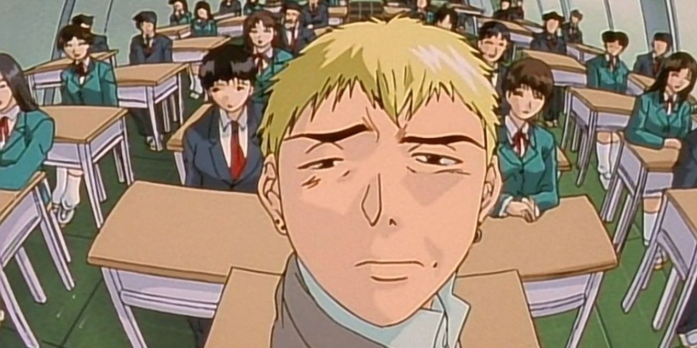 Onizuka becomes a teacher and looks at the camera in GTO: Great Teacher Onizuka.