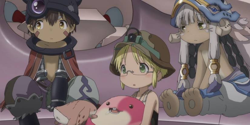 Reg, Meinya, Maaa, Riko, and Nanachi sit on top of Majikaka