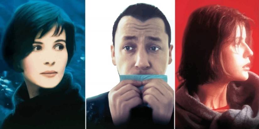 A split image of film protagonists in three colors: blue, white and red.
