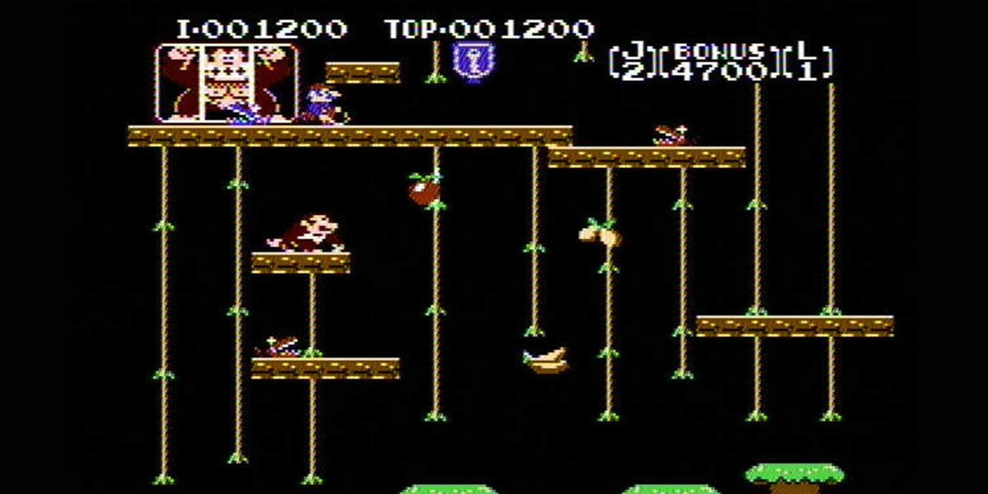 Estágio final de Donkey Kong Jr. com o filhote escalando cordas para resgatar Donkey Kong de Mario