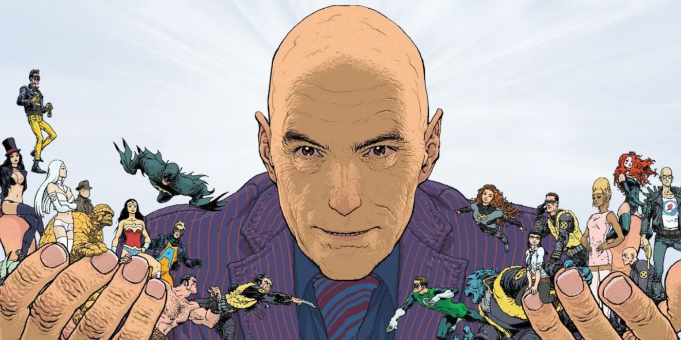 Grant Morrison Holds The Characters They Have Worked On In Their Hands
