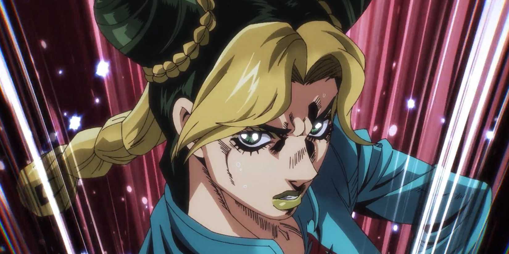 Jolyne Cujoh in JoJo's Bizarre Adventure Stone Ocean looks serous as red light rays shine around her