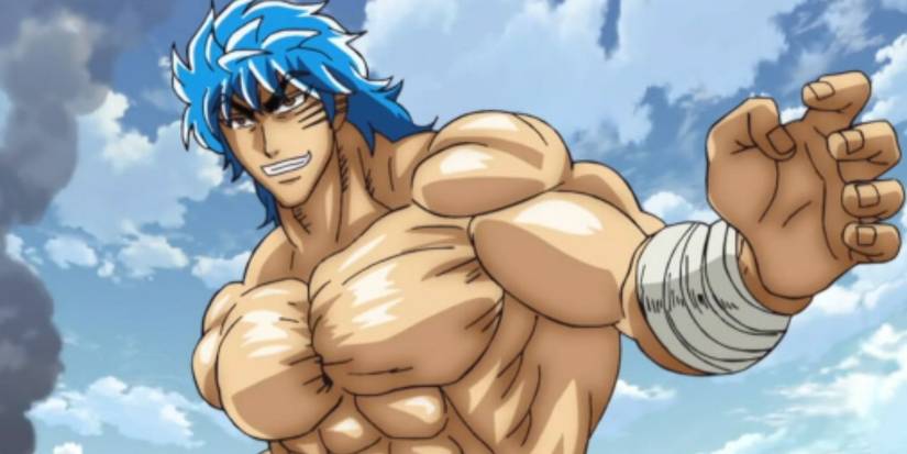 Toriko est torse nu et sourit sous un ciel nuageux dans l'anime Toriko.