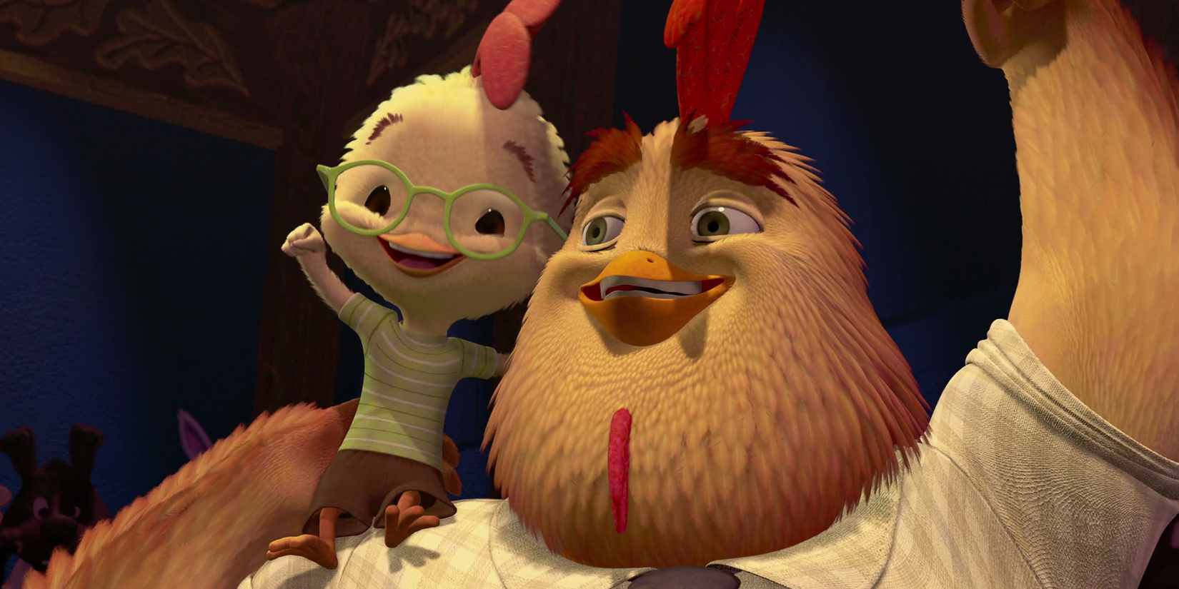 Chicken Little and Buck Cluck raise their fists triumphantly