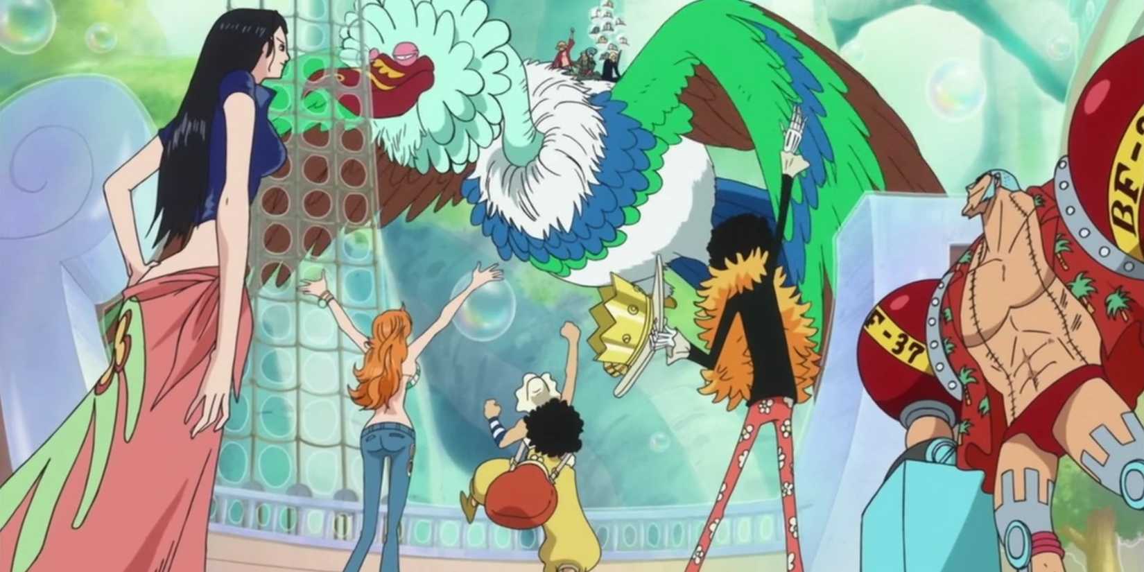 The Straw Hats celebrate their reunion on the Thousand Sunny during One Piece's Return to Sabaody Arc.