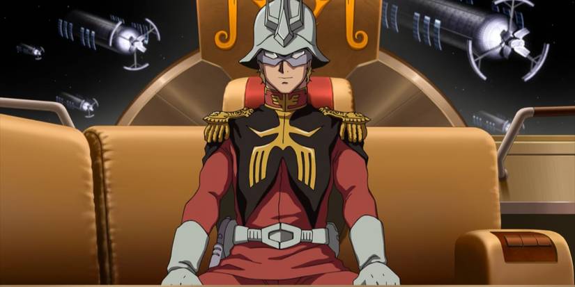 Char Aznable sitting on a couch in the original Mobile Suit Gundam anime series.