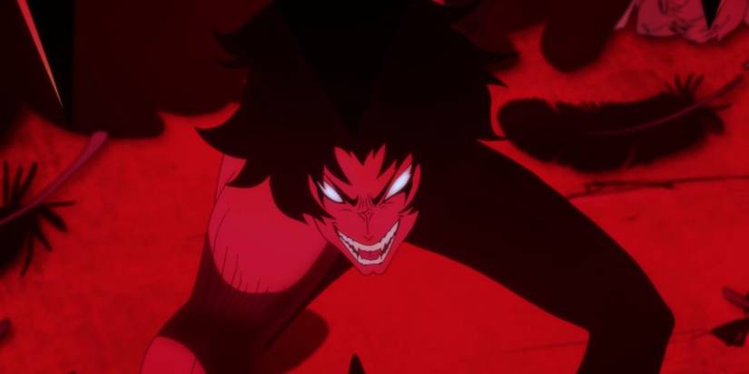 Akira Fudo, dalam wujud Devilman-nya, memberikan seringai jahat di Devilman Crybaby.
