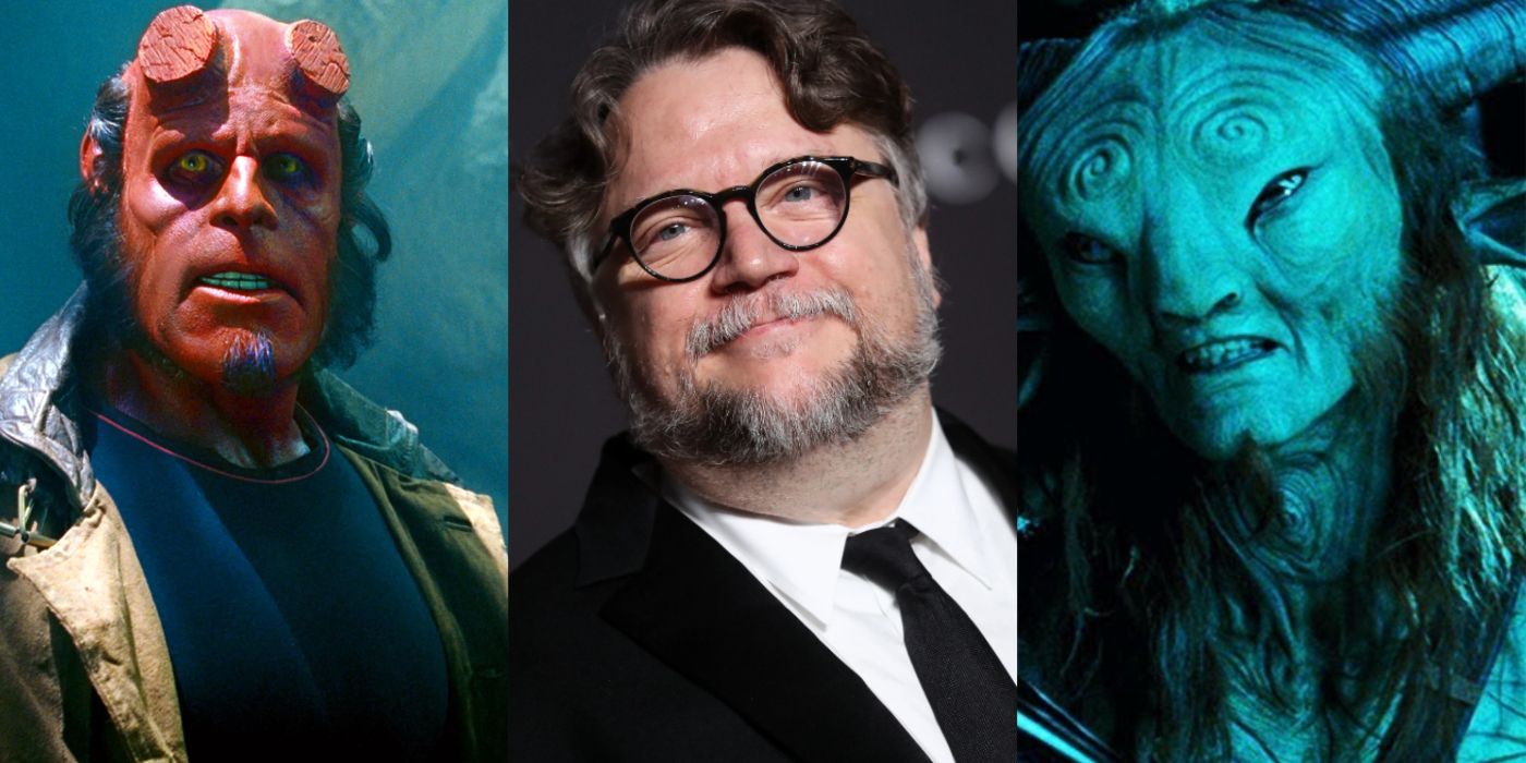 Uma imagem combinada do diretor Guillermo del Toro ao lado de imagens de seus filmes Hellboy e Pan's Labyrinth.