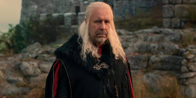 King Viserys I Targaryen (Paddy Considine) stands glumly during episode five of House of the Dragon.