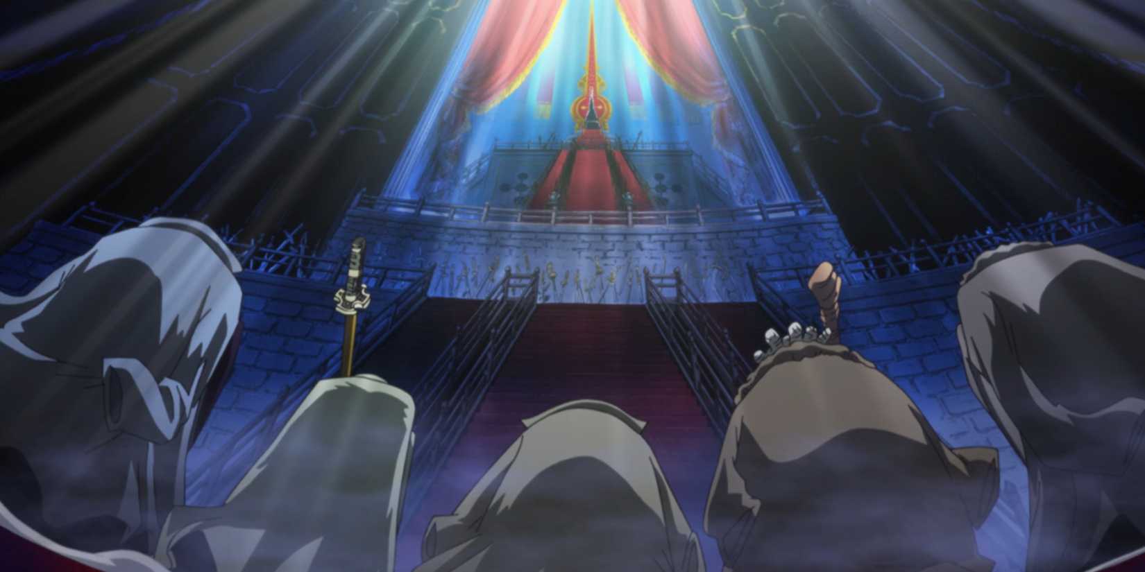 Os Cinco Anciãos se curvando perante Imu no Trono Vazio em One Piece