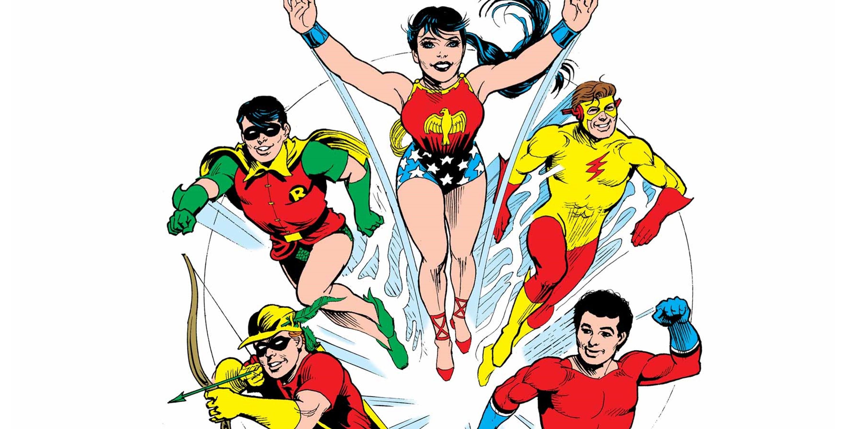 Os Jovens Titãs Originais da DC Comics: Donna Troy (Garota Maravilha) Dick Grayson (Robin) Wally West (Kid Flash) Roy Harper (Speedy) Garth (Aqualad)