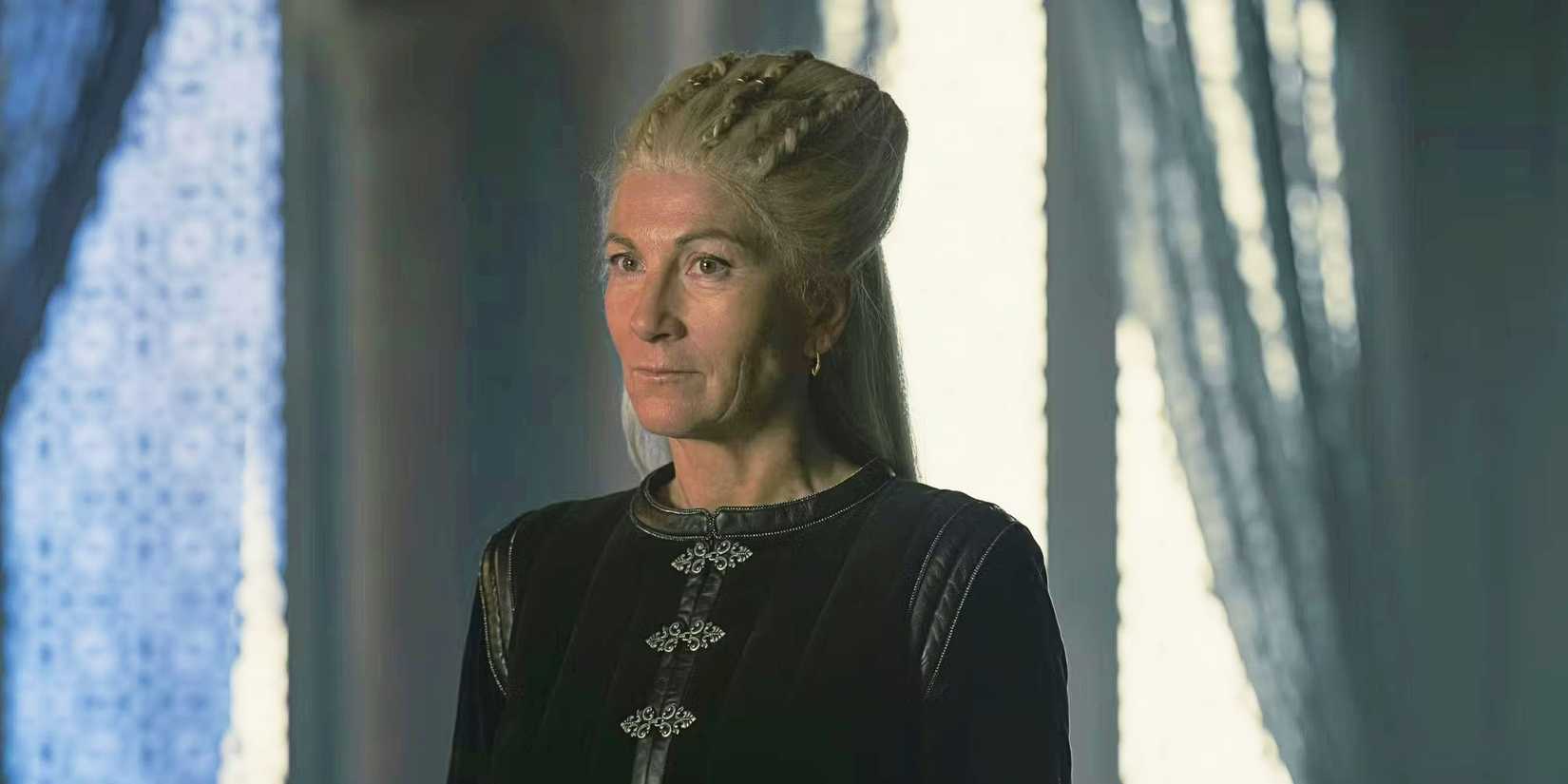 Rhaenys Targaryen during her conversation with Queen Alicent Hightower during episode nine of House of the Dragon