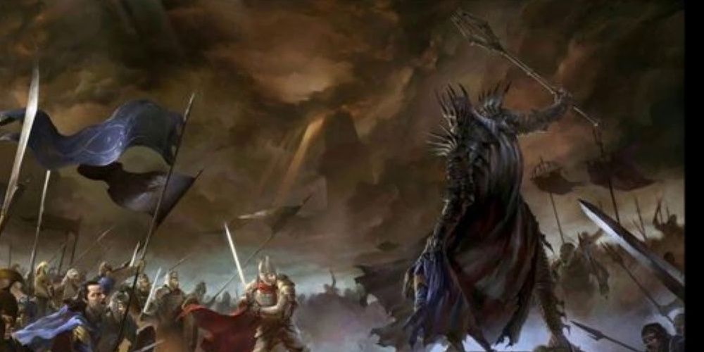 Gil-galad and Elendil fight Sauron in the Battle of Mordor