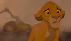 The Lion King's Simba crying over his dead father, Mufasa.