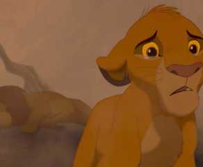 The Lion King's Simba crying over his dead father, Mufasa.
