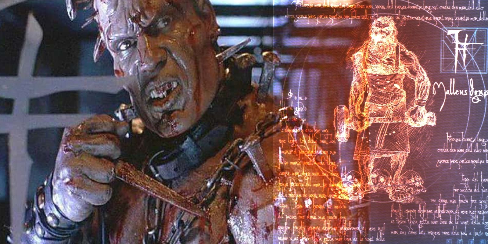 An illustration and actual still of The Hammer in Thirteen Ghosts
