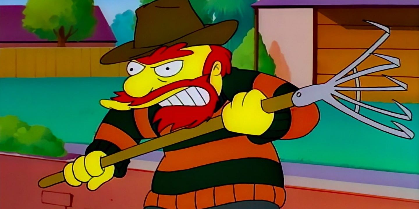 The Simpsons' Groundskeeper Willie stands holding a rake, wearing a cowboy hat and scowling.